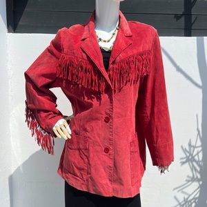 Faded Red Fringe Lightweight Leather Blazer Jacket